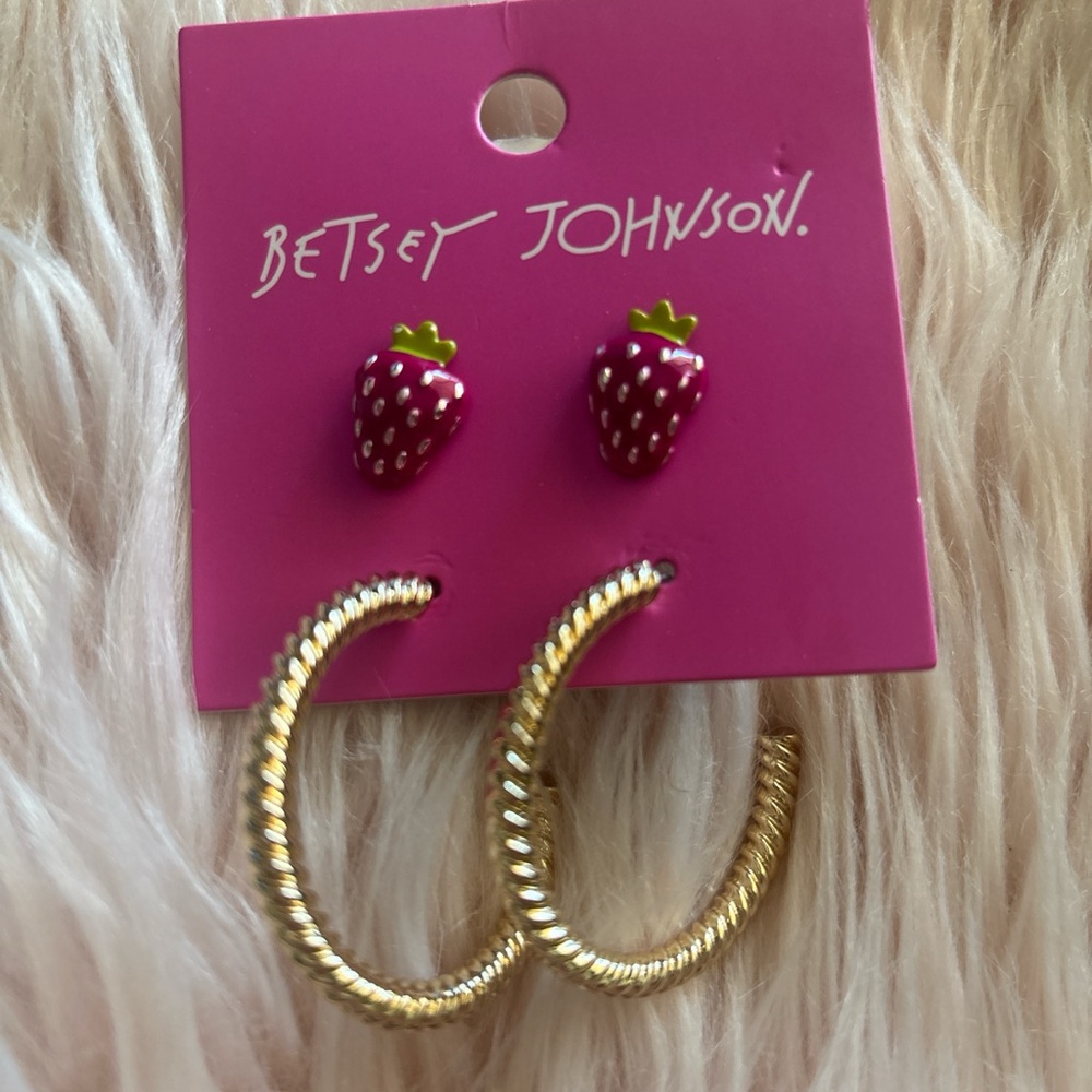 Betsey Johnson Pink Strawberry Studs with Gold Textured Hoop Earrings